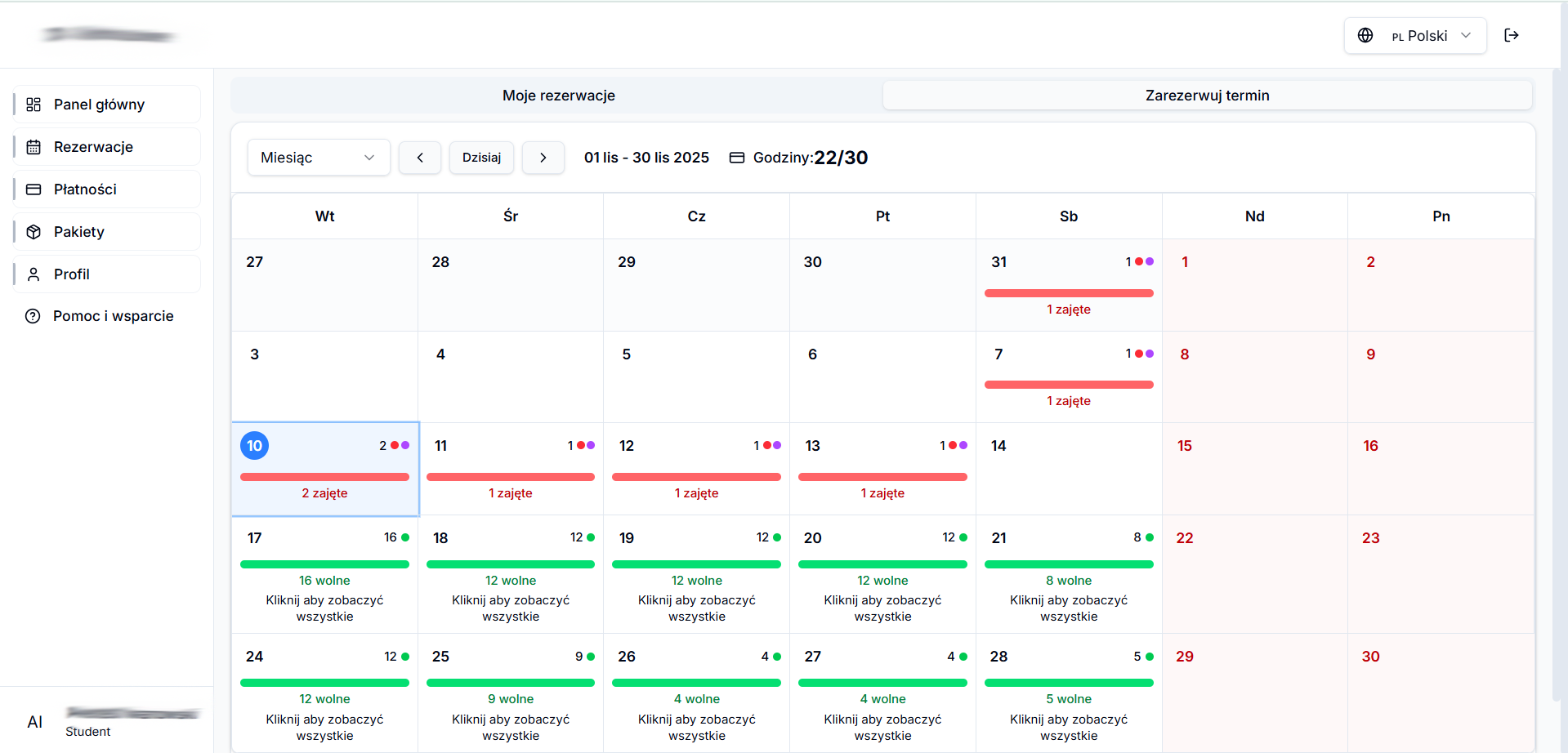 Interfejs kalendarza rezerwacji dla kursantów